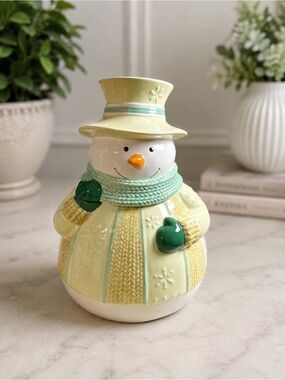 Bella Casa Ganz Snowman Ceramic Cookie Jar Pastel Green Winter Holiday Decor